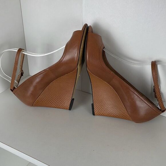 Ann Taylor Leather Mary Jane Open Toe Wedges 7 Cognac - Picture 10 of 11